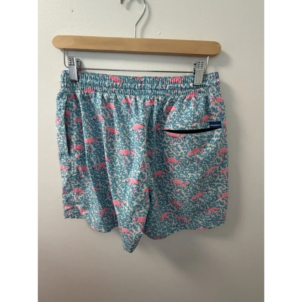 Chubbies Men's Swim Bottom S Blue Back Zipper Pocket Flamingo Print Pink